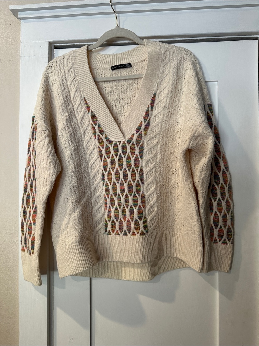 Black Tape_ Cream Cable-Knit V-Neck Sweater with Multicolor Inset
